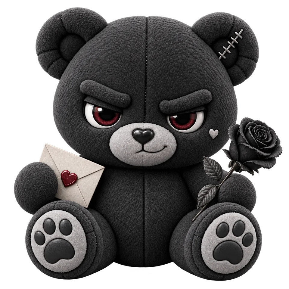 Boo, a charcoal plush bear with burgundy eyes holding a love letter sealed with a red heart and a black rose.