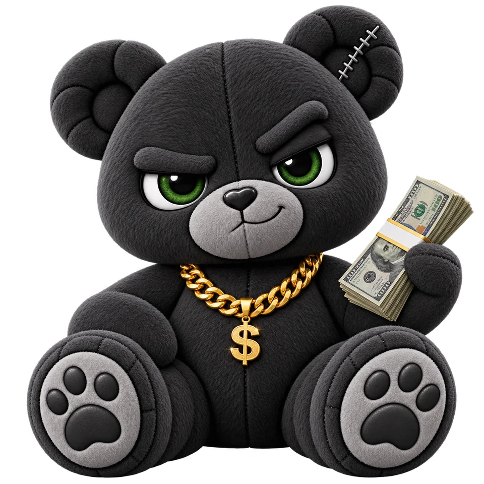 Cash, a charcoal plush bear with green eyes, a gold chain with a dollar pendant and a bundle of cash.