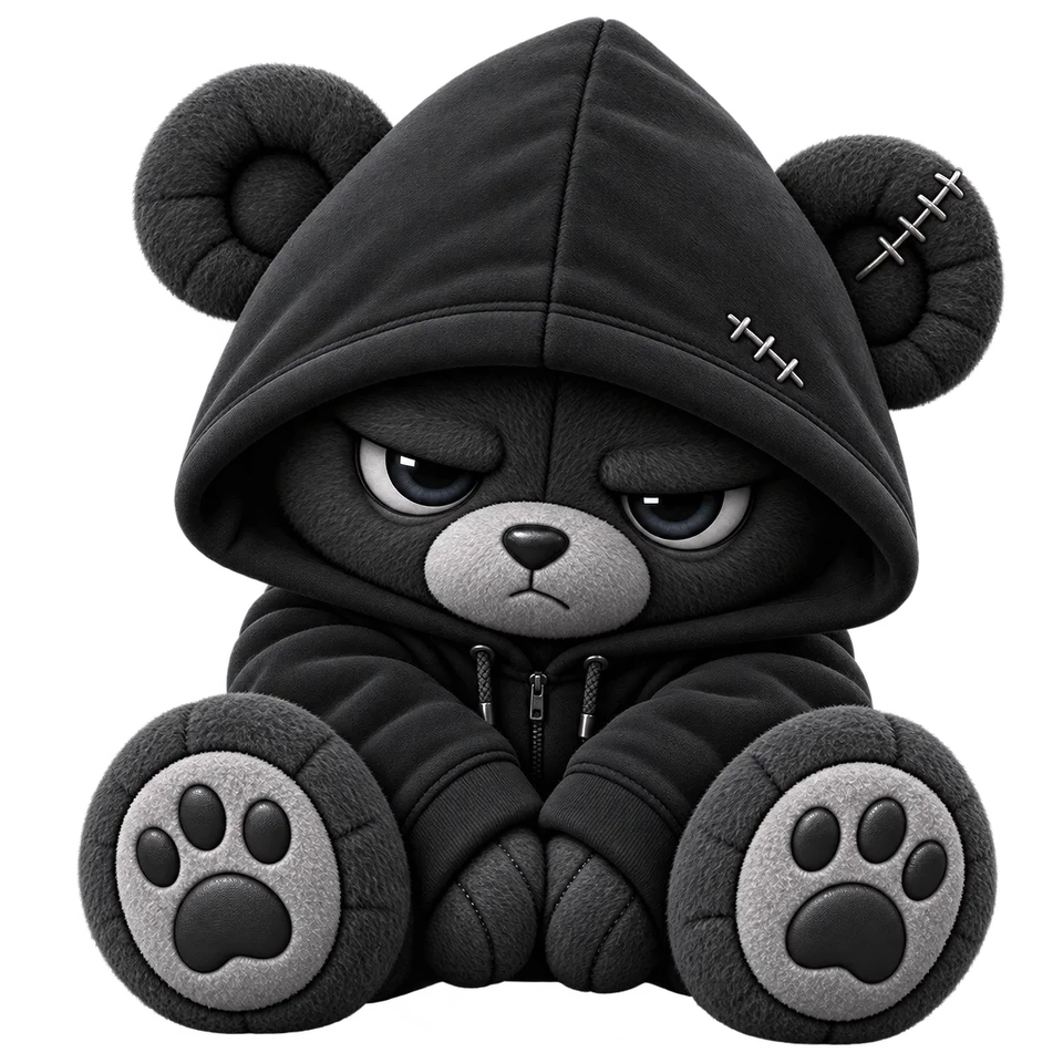 Doom, a plush bear in a black hoodie with heavy eyelids and a slouched, weary posture.
