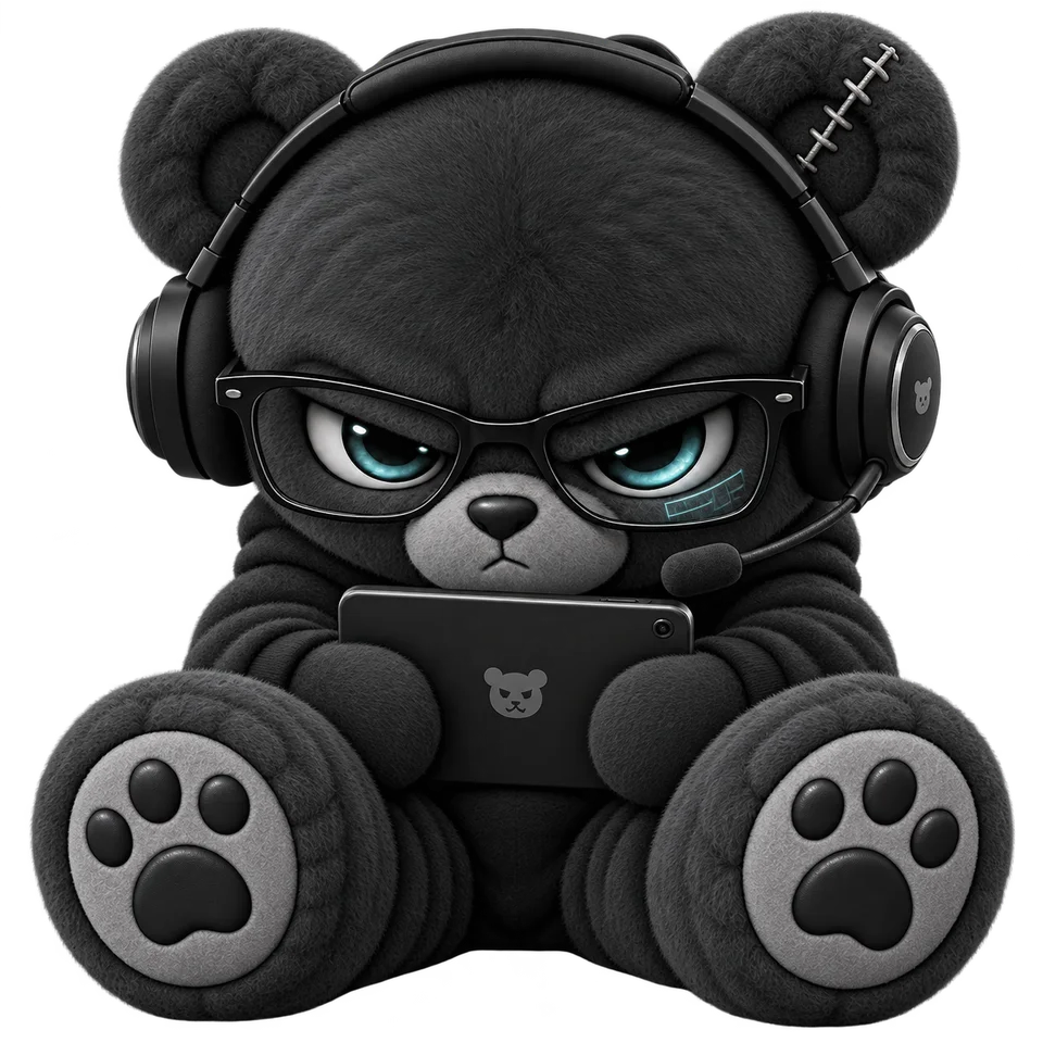 Glitch, a plush bear in a headset and glasses with icy blue eyes, holding a tablet.