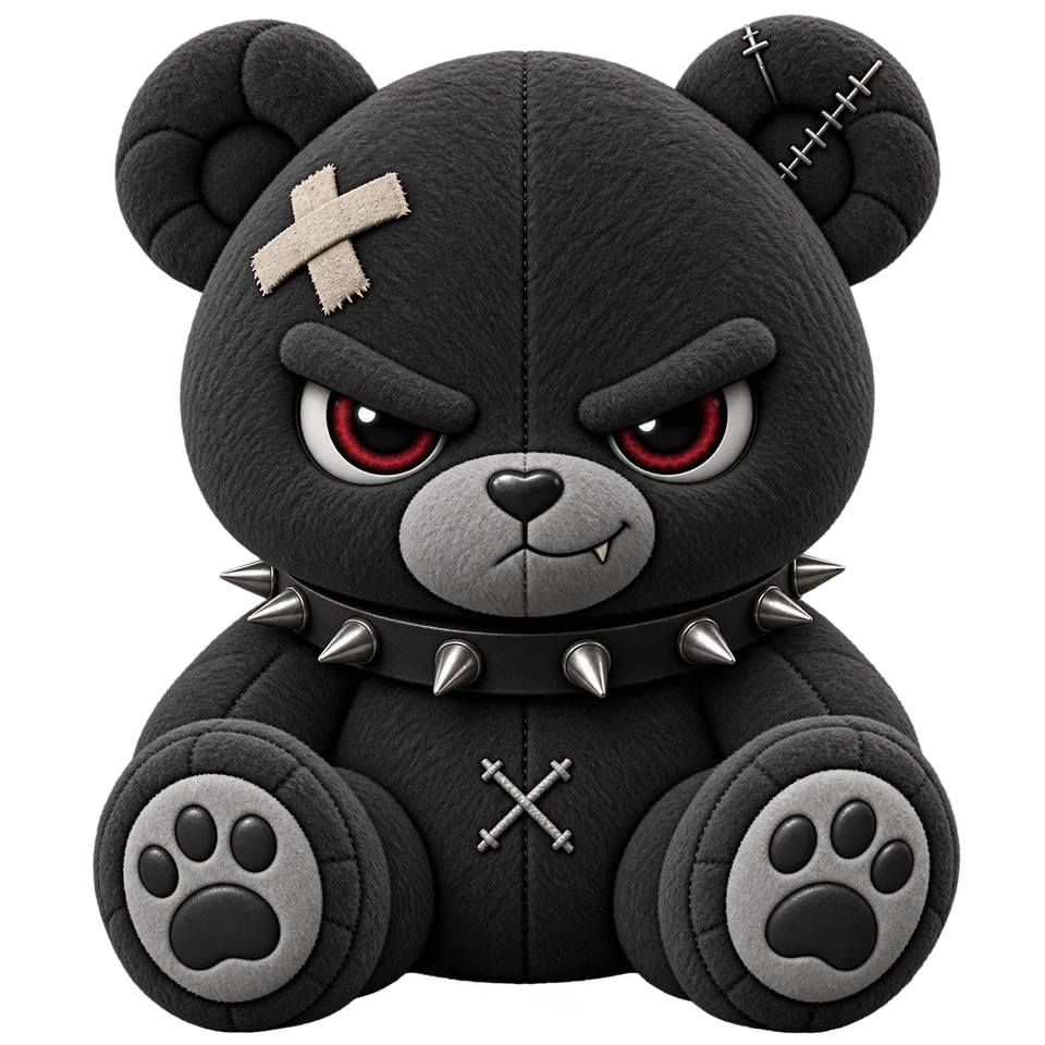 Grudge, a charcoal plush bear with red eyes, a crossed bandage on the head, a spiked collar and heavy stitches.