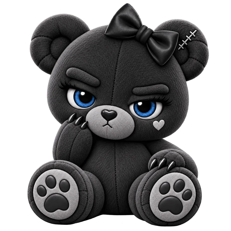 Lola, a charcoal plush bear with a black bow, blue eyes, lashes and a small pale heart on her cheek.