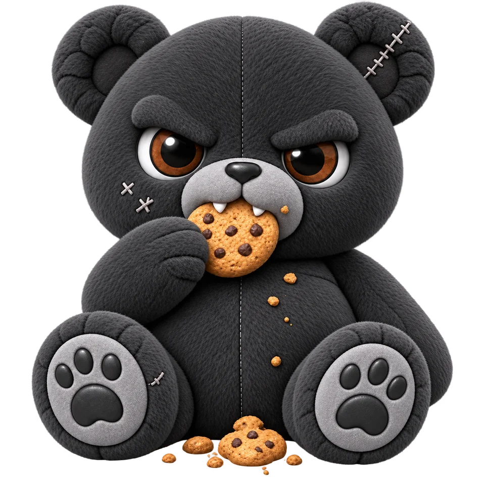 Munch, a charcoal plush bear with copper-brown eyes taking a bite of a chocolate chip cookie, crumbs at his feet.