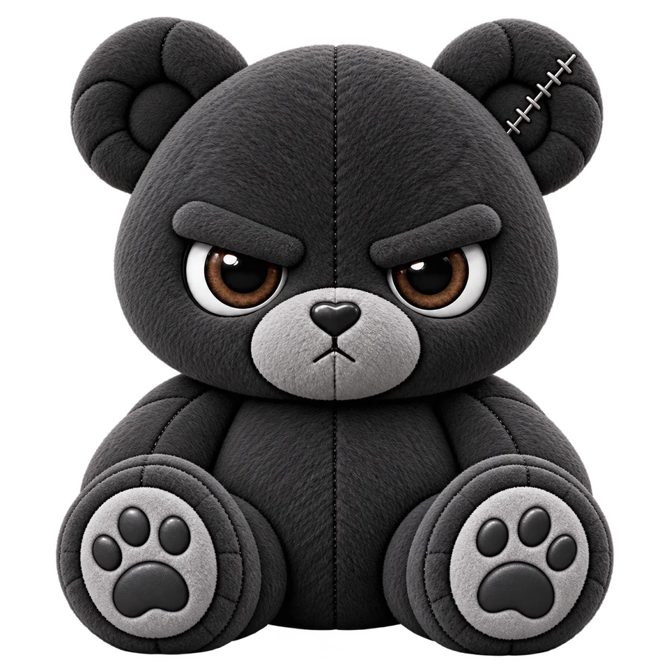 Teddy, a charcoal plush bear with brown eyes, a small frown and a stitched ear.