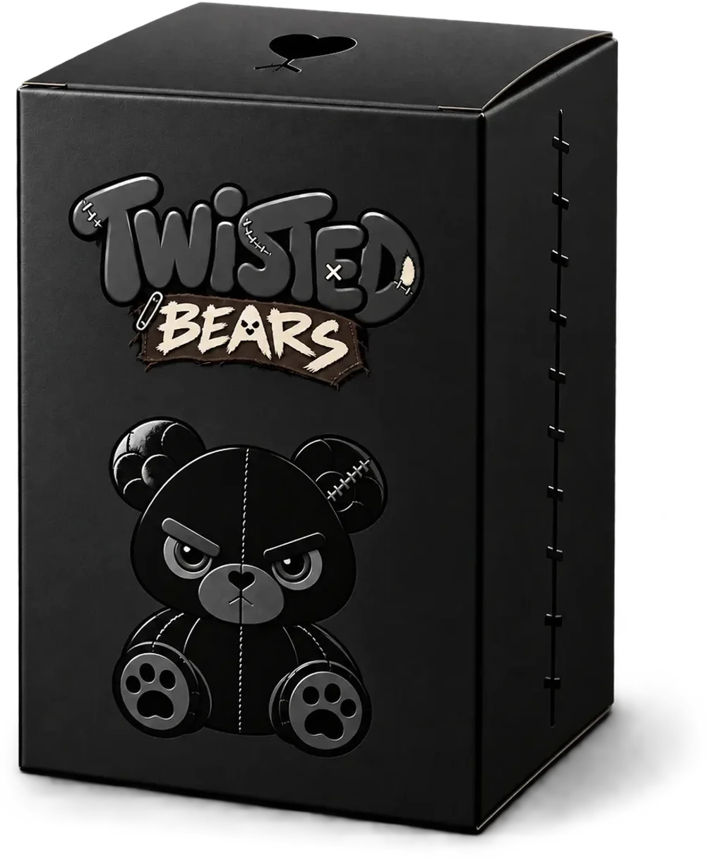 A black Twisted Bears blind box with the logo and a stitched Teddy on the front, and a heart cut into the lid.